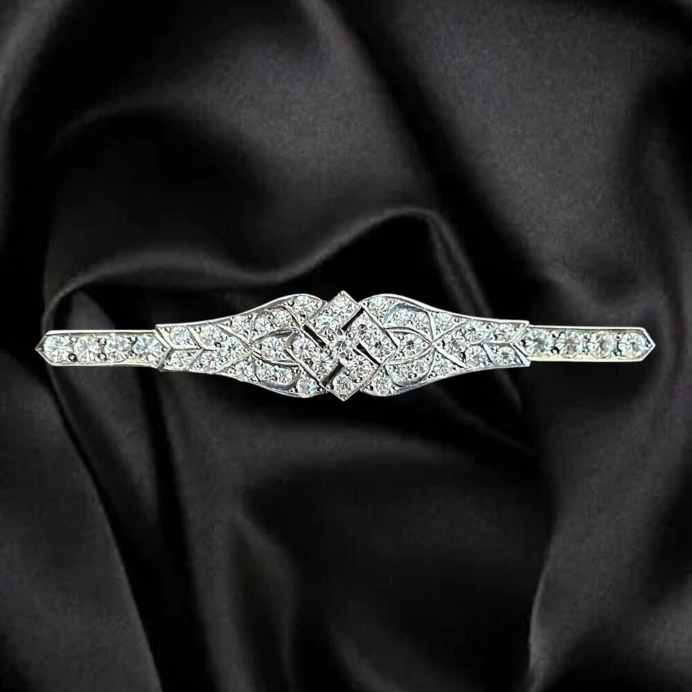 Art Deco Sterling Sterling Silver Bar Brooch
 Paste Stones 3” Vintage Pin